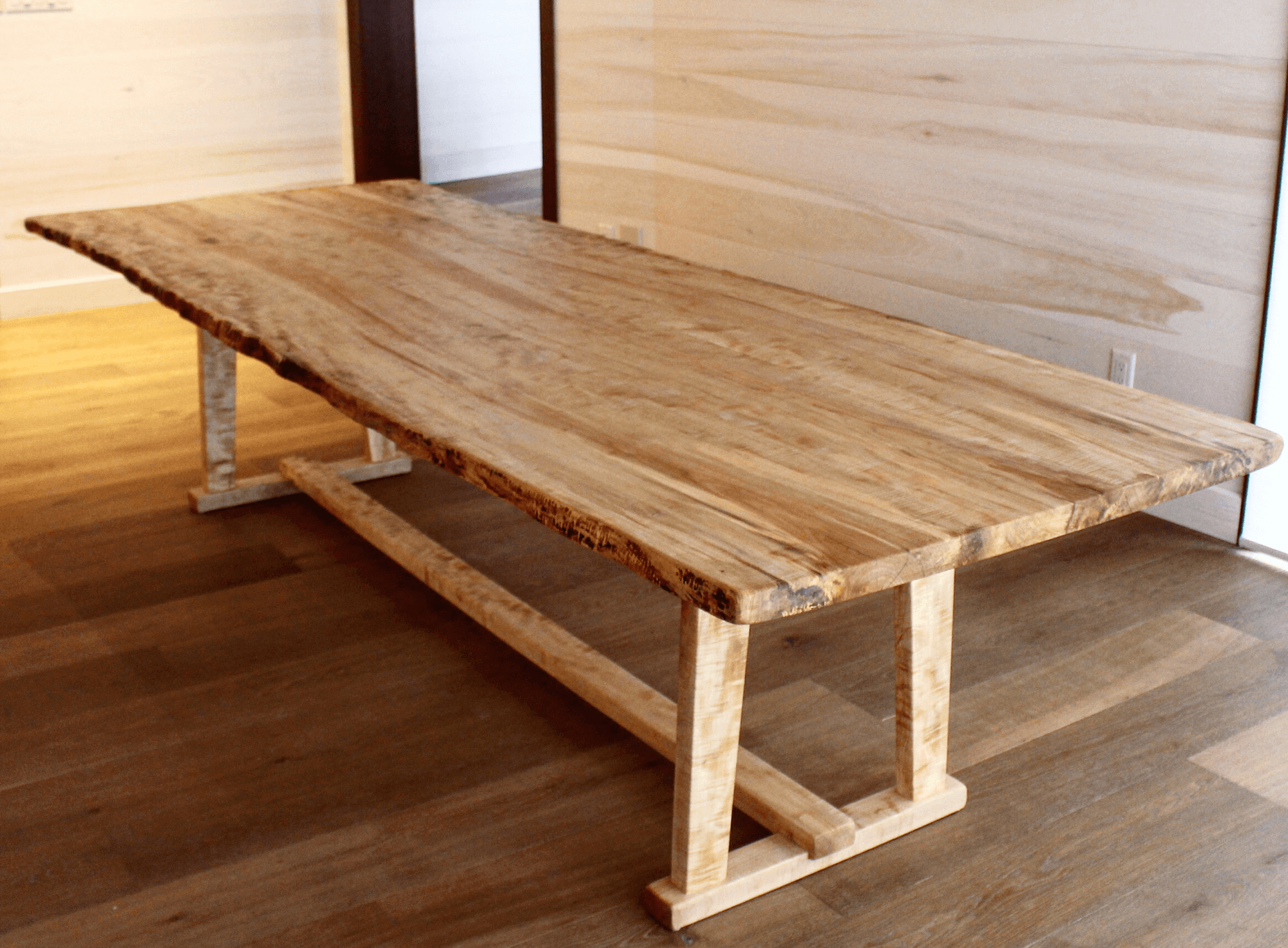 live edge maple table with wood trestle base, made in Muskoka