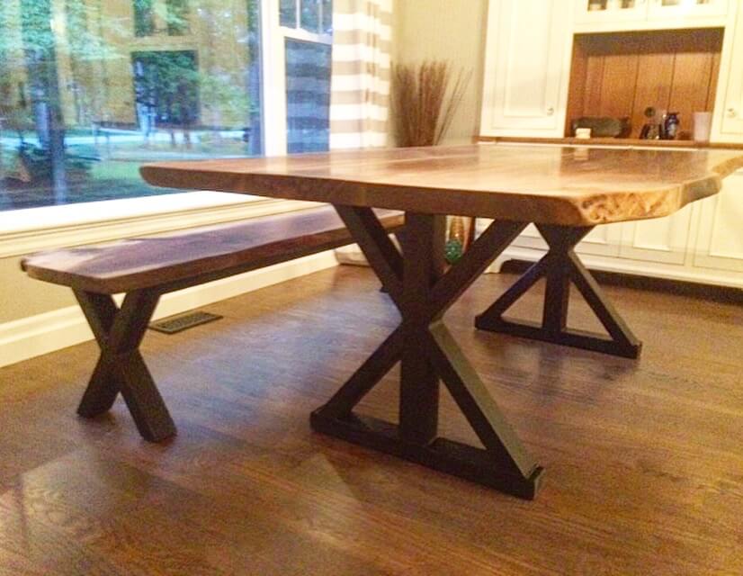 Live edge walnut table and bench handcrafted for luxury Muskoka cottage