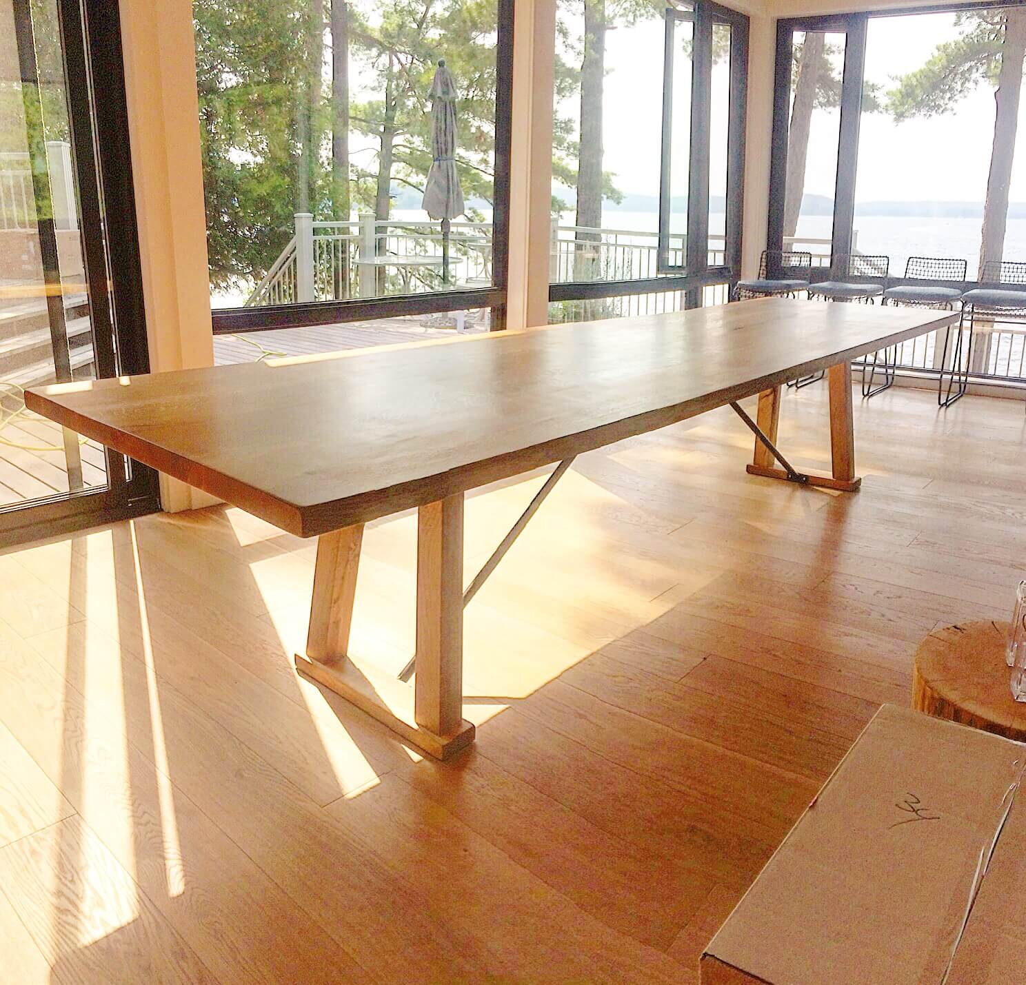 Luxury dining table Muskoka Lake rosseau white oak table handcrafted by Living Wood Design