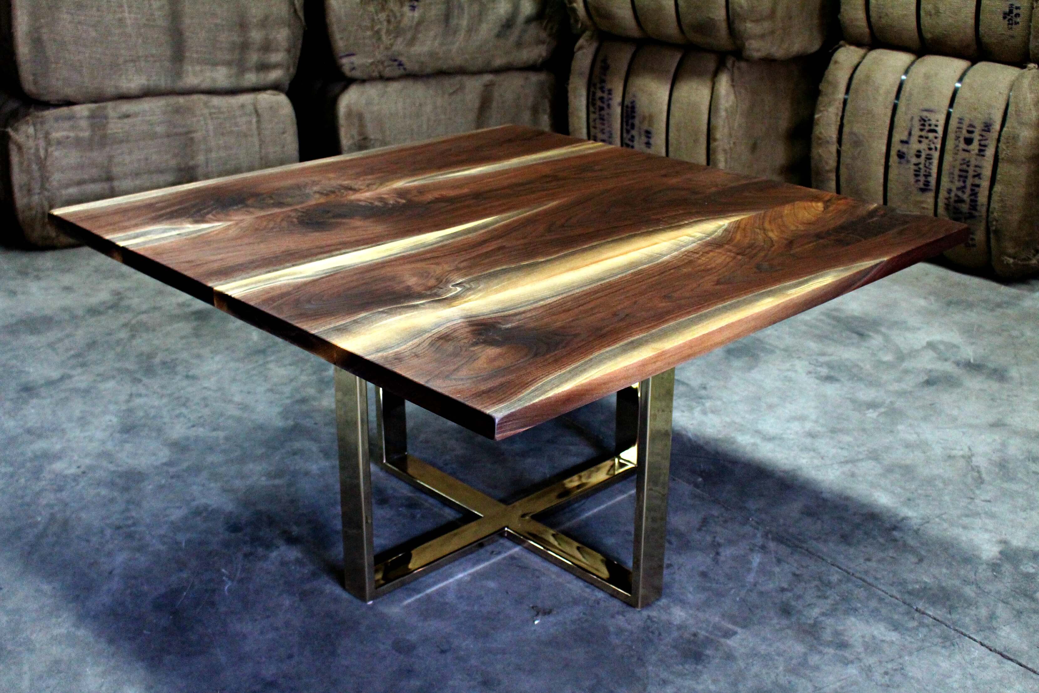 square walnut dining table with brass base muskoka new york Living Wood Design Toronto & Muskoka Ontario Canada