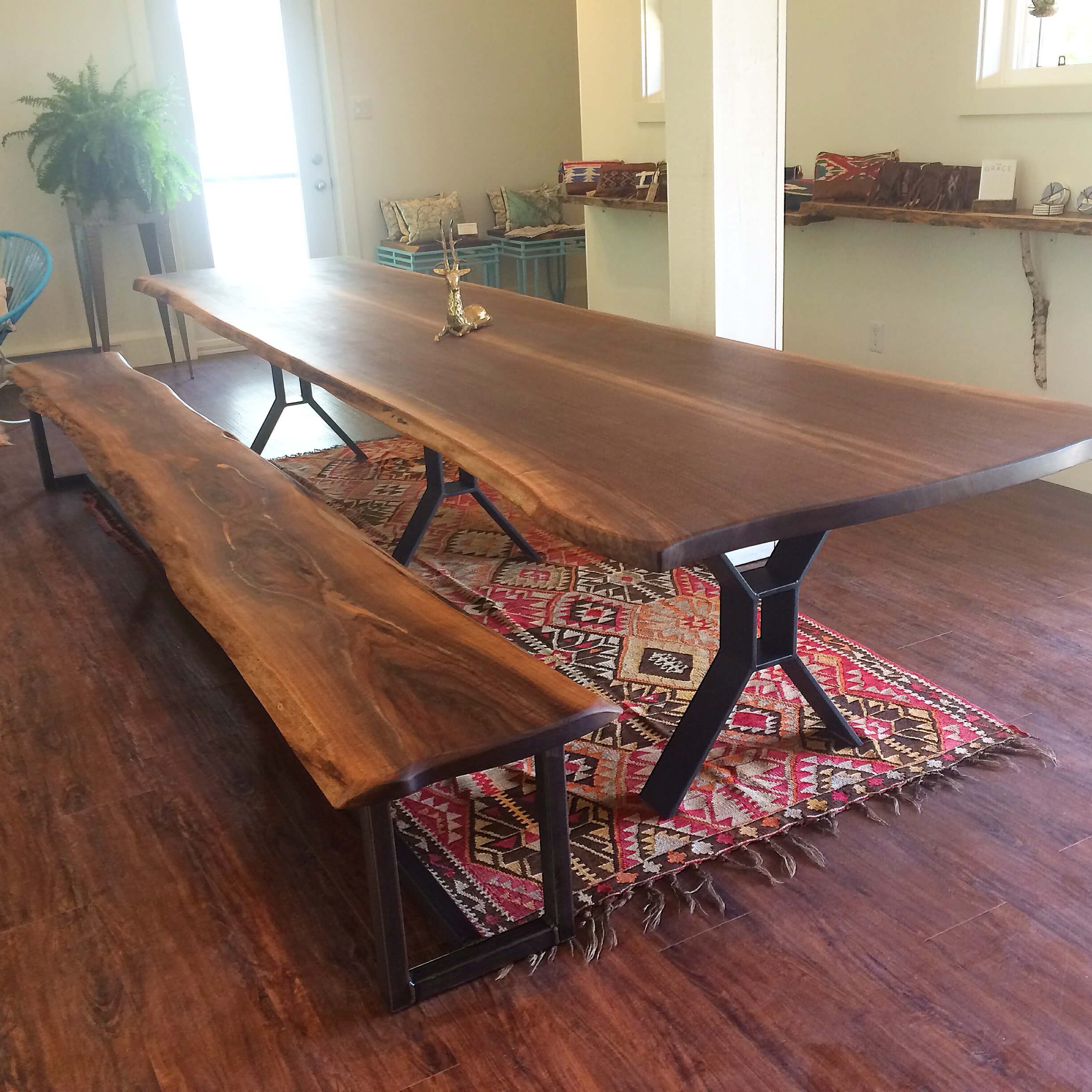 black walnut table and bench