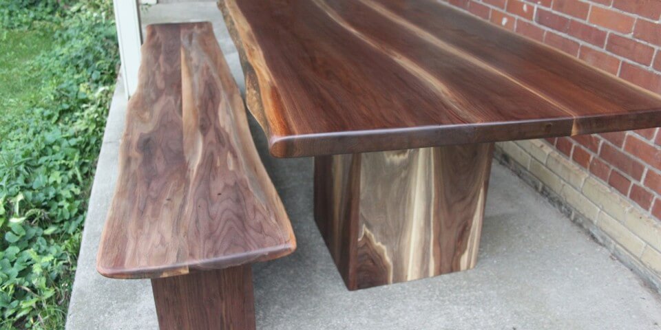 live edge walnut table and bench muskoka new york california Living Wood Design Toronto & Muskoka Ontario Canada