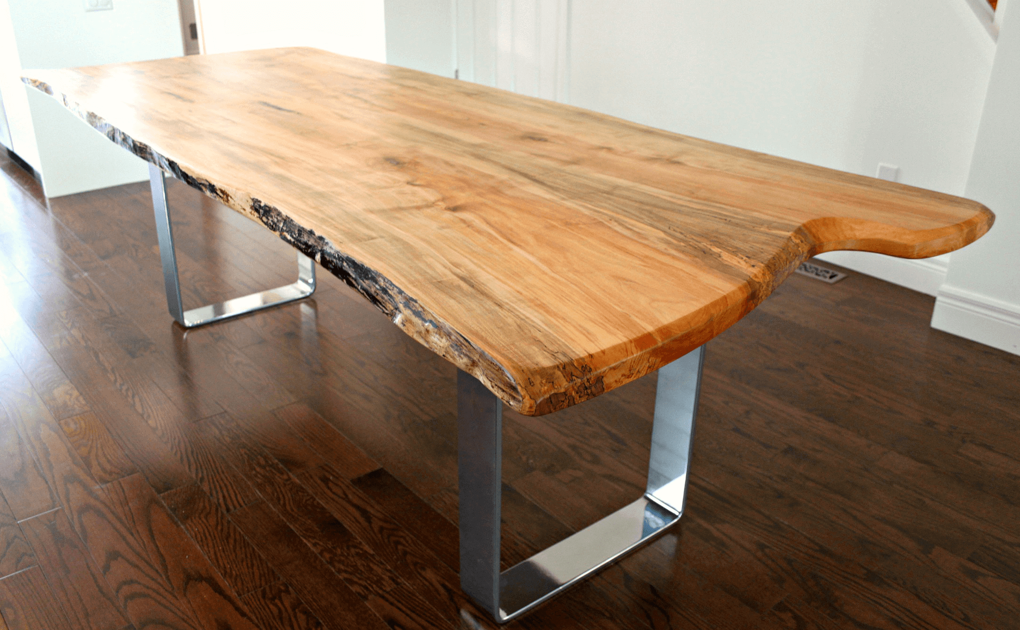 Live edge maple table with modern chrome base