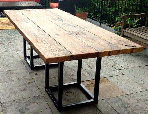 outdoor table with reclaimed barn beam and steel base