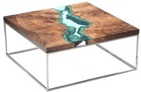 blue glass river table with live edge walnut coffee table